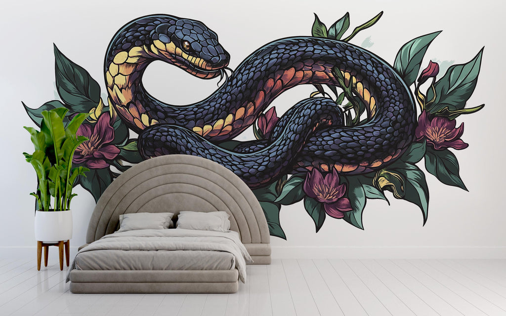 Floral Snake Wall Art, Botanical Serpent Wall Decor, Dark Boho Snake Art, Gothic Floral Wall Decal, Nature Statement Art 241mv