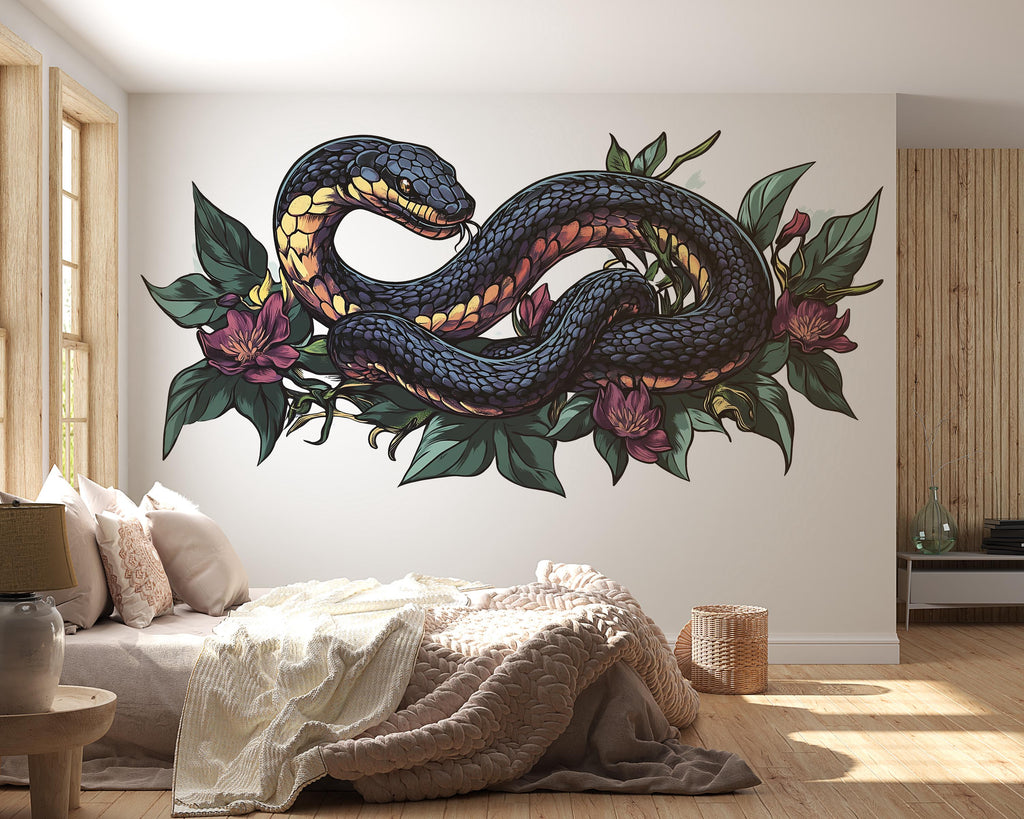 Floral Snake Wall Art, Botanical Serpent Wall Decor, Dark Boho Snake Art, Gothic Floral Wall Decal, Nature Statement Art 241mv