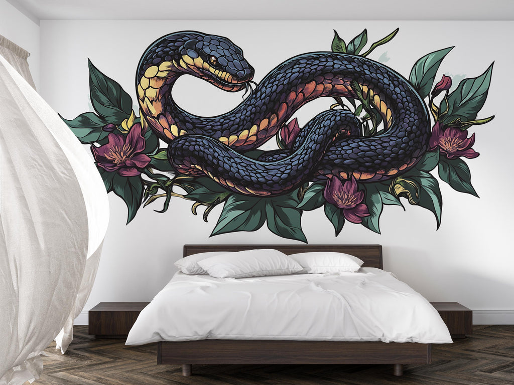 Floral Snake Wall Art, Botanical Serpent Wall Decor, Dark Boho Snake Art, Gothic Floral Wall Decal, Nature Statement Art 241mv