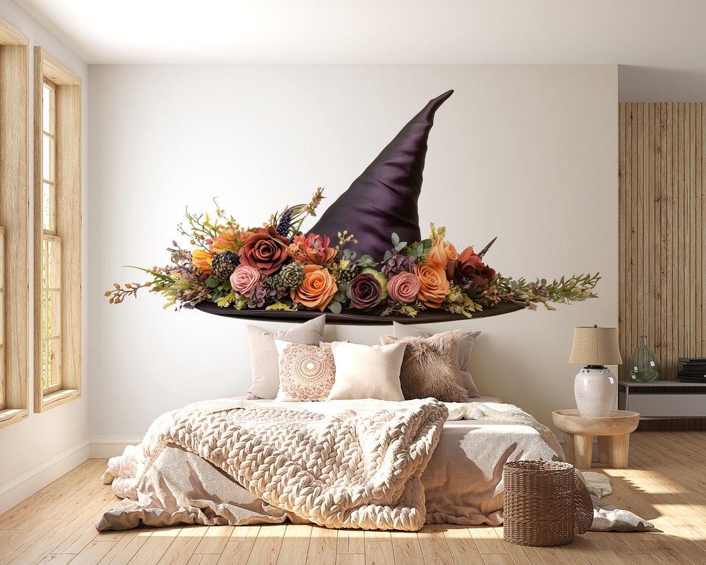 Floral Witch Hat Wall Art, Boho Witch Wall Decor, Cottagecore Witch Art, Botanical Witch Hat Decor, Mystical Wall Art 244mv