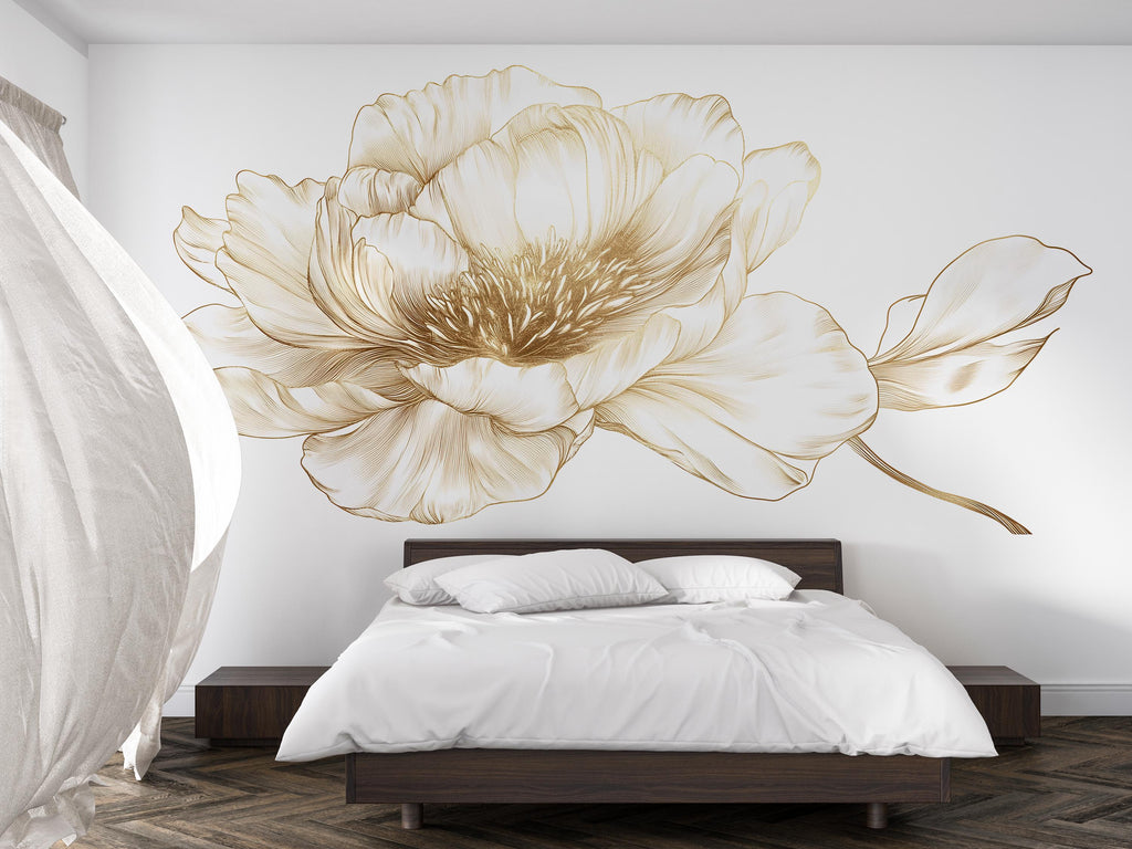 Gold Floral Wall Art, Minimal Flower Line Art, Elegant Botanical Wall Decor, Neutral Bedroom Wall Art, Luxury Floral Art Art 249mv