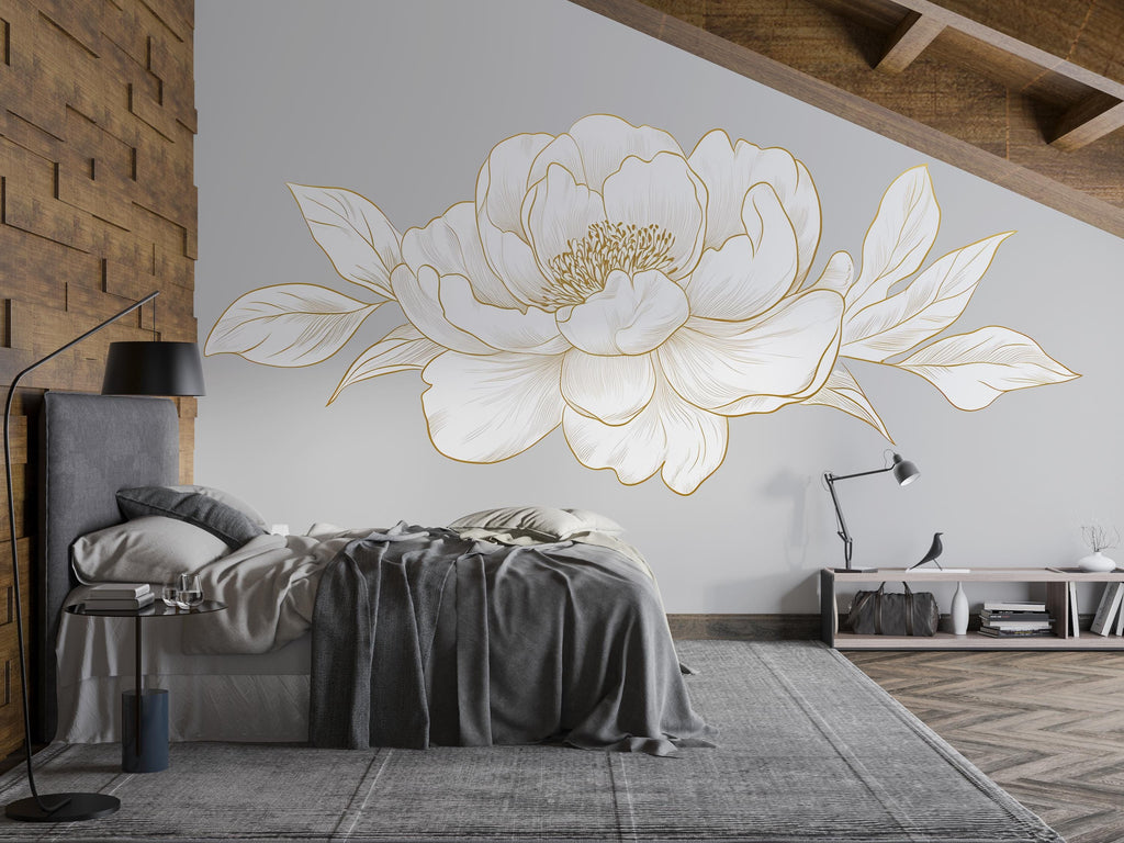 Gold Peony Wall Art, Floral Line Art Decor, Minimal Botanical Wall Art, Neutral Bedroom Decor, Elegant Flower Art Art 250mv