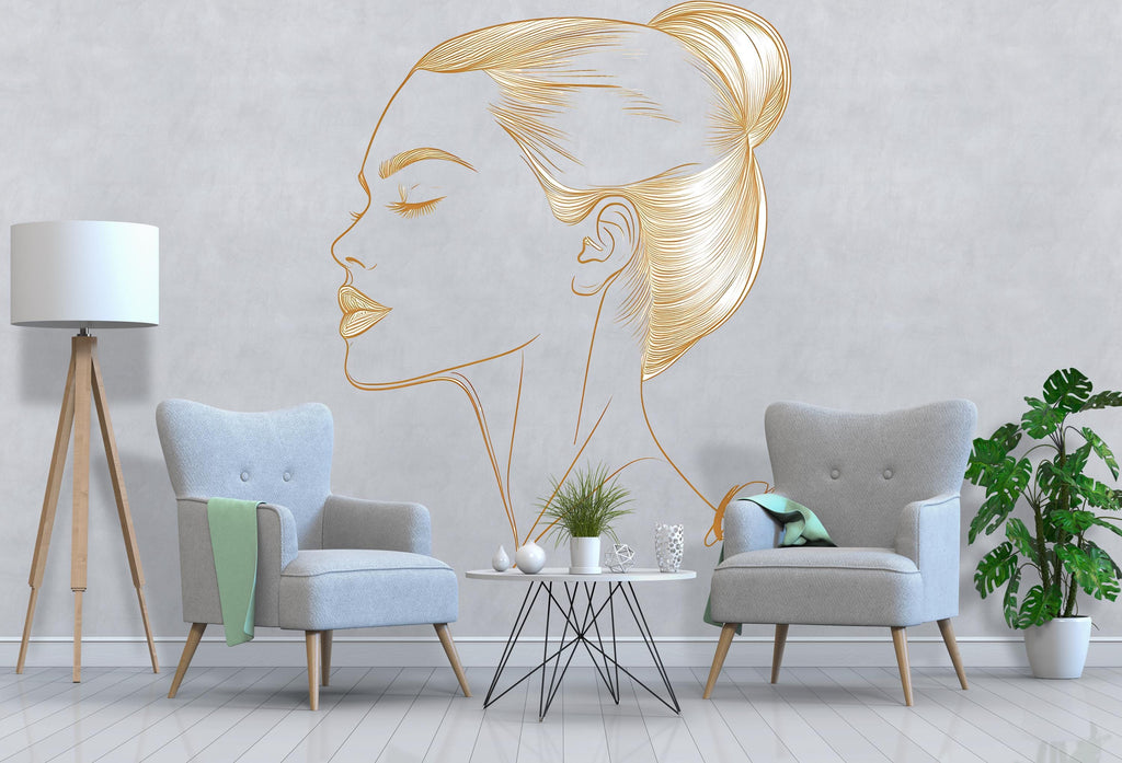 Gold Line Art Woman, Female Profile Art, Minimalist Wall Art, Modern Portrait Decor, Elegant Line Art 255mv