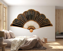 Load image into Gallery viewer, Art Deco Fan Wall Art, Black Gold Wall Decor, Japanese Fan Art, Luxury Bedroom Decor, Modern Wall Art 260mv