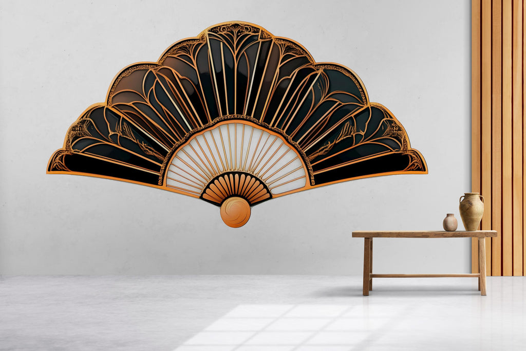 Art Deco Fan Wall Art, Black Gold Wall Decor, Japanese Fan Art, Luxury Bedroom Decor, Modern Wall Art 260mv