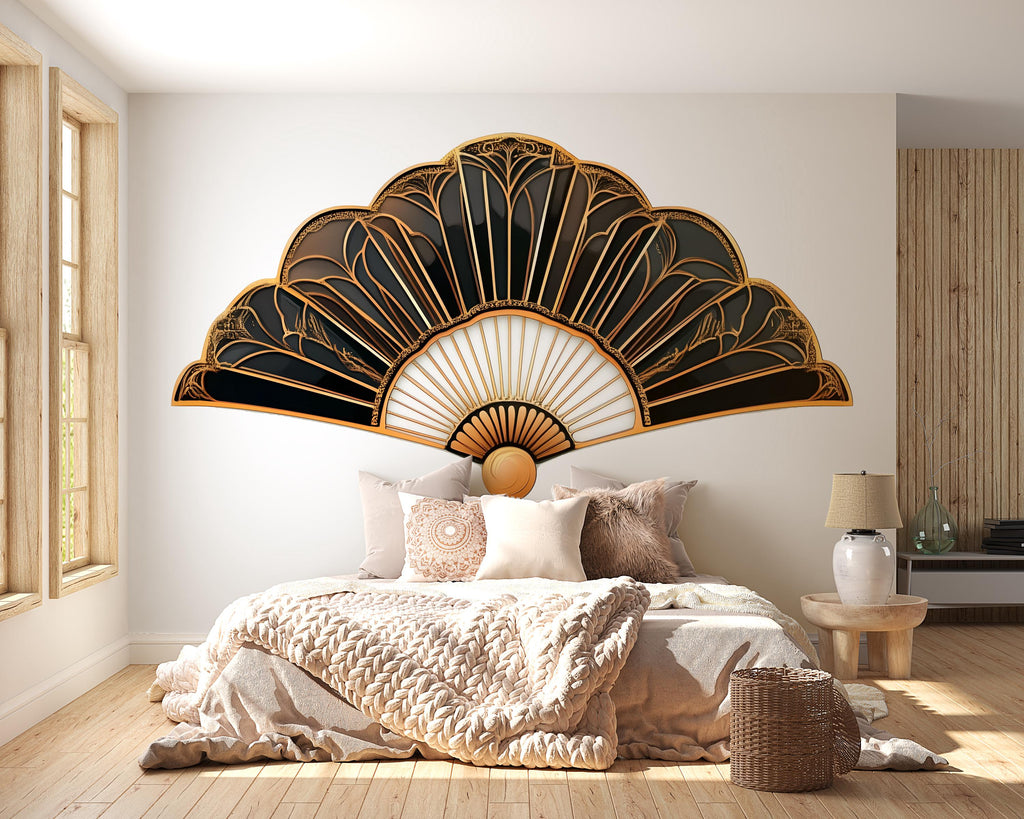 Art Deco Fan Wall Art, Black Gold Wall Decor, Japanese Fan Art, Luxury Bedroom Decor, Modern Wall Art 260mv