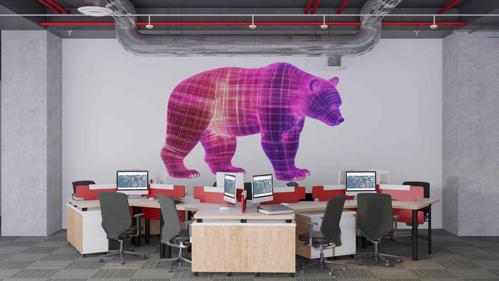 Futuristic Bear Wall Decal, Neon Grid Bear Wall Art Sticker, Pink Tech Bear Wall Decal, Modern Animal Wall Art, Kids Room Wall Decor