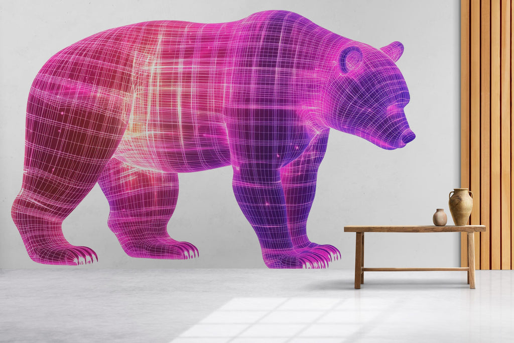 Futuristic Bear Wall Decal, Neon Grid Bear Wall Art Sticker, Pink Tech Bear Wall Decal, Modern Animal Wall Art, Kids Room Wall Decor