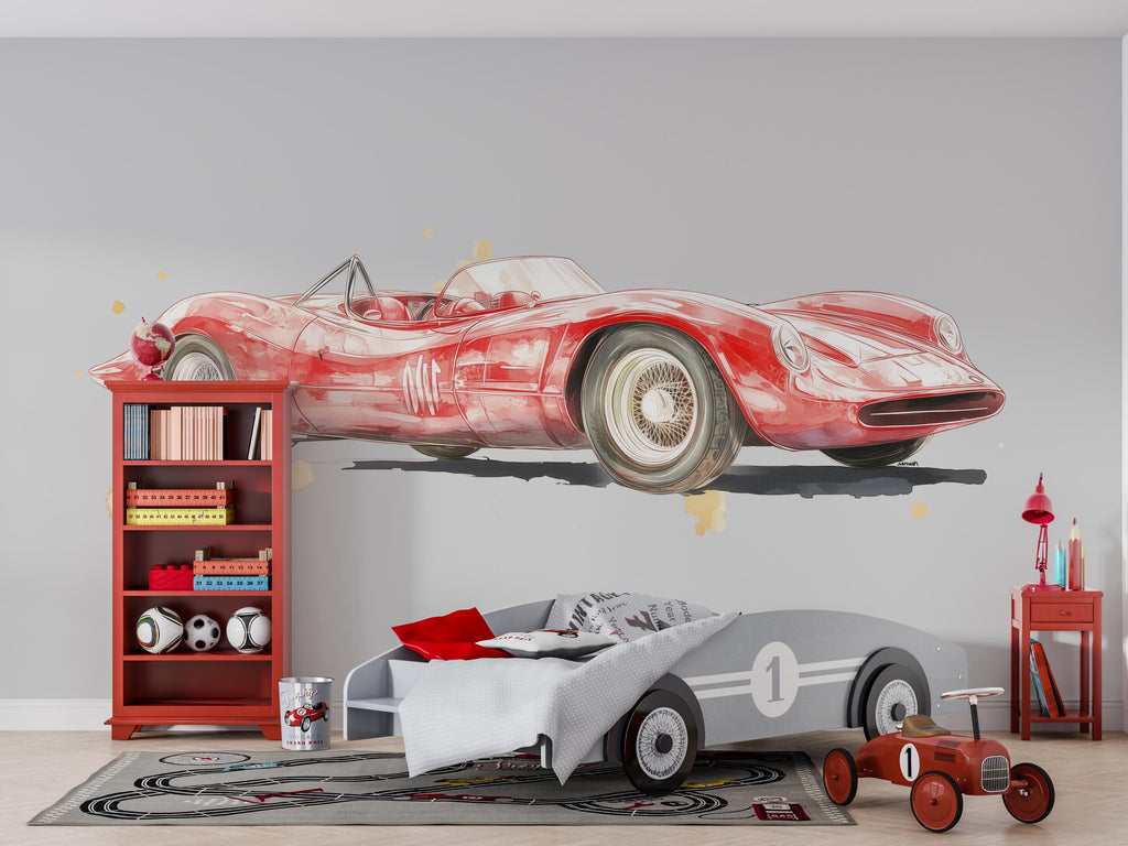 Vintage Race Car Wall Mural Kids Room Watercolor Car Nursery Decor 266mv