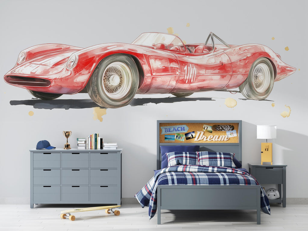 Vintage Race Car Wall Mural Kids Room Watercolor Car Nursery Decor 266mv