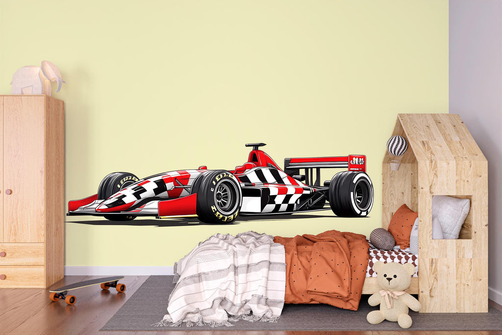 Checkered Formula Race Car Wall Mural Kids Room Racing Car Decor 270mv