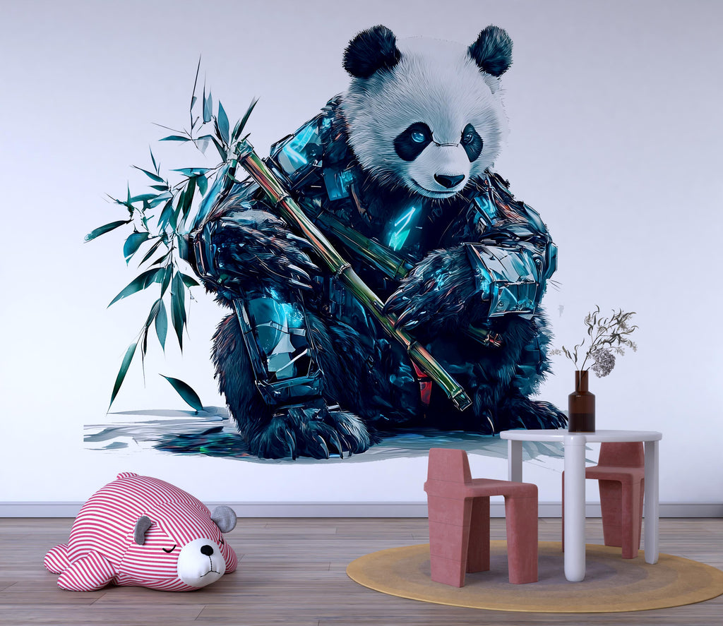 Cyber Panda Wall Decal With Bamboo, Futuristic Panda Wall Art Sticker, Cute Panda Nursery Decor, Kids Room Animal Wall Decal