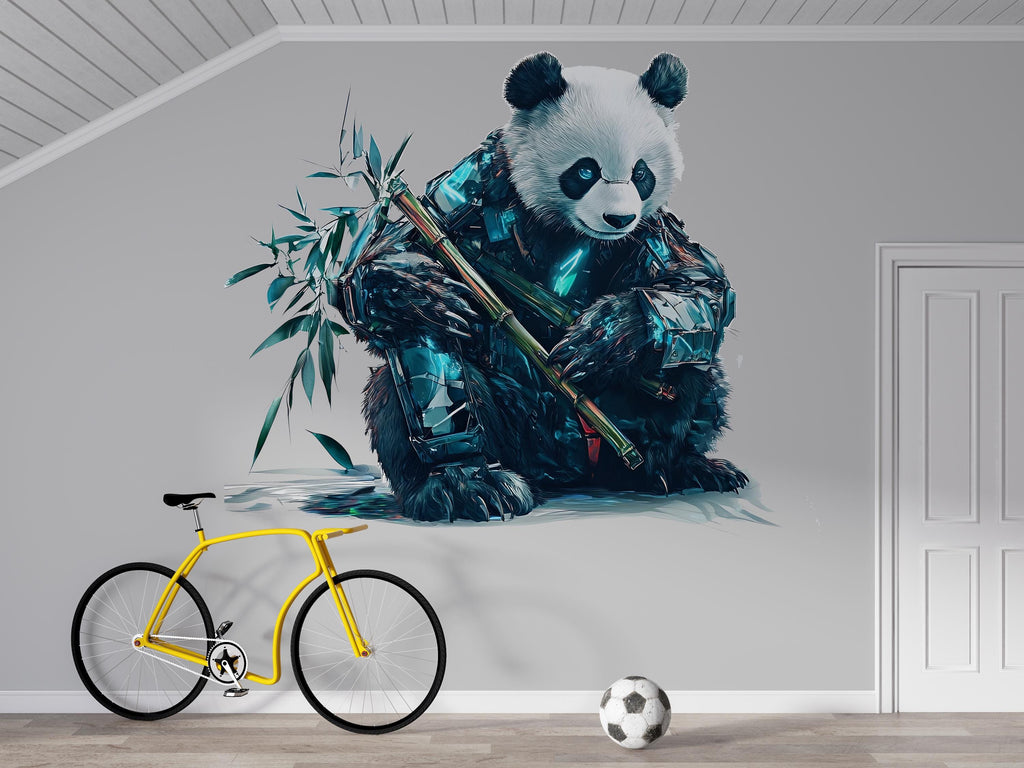 Cyber Panda Wall Decal With Bamboo, Futuristic Panda Wall Art Sticker, Cute Panda Nursery Decor, Kids Room Animal Wall Decal
