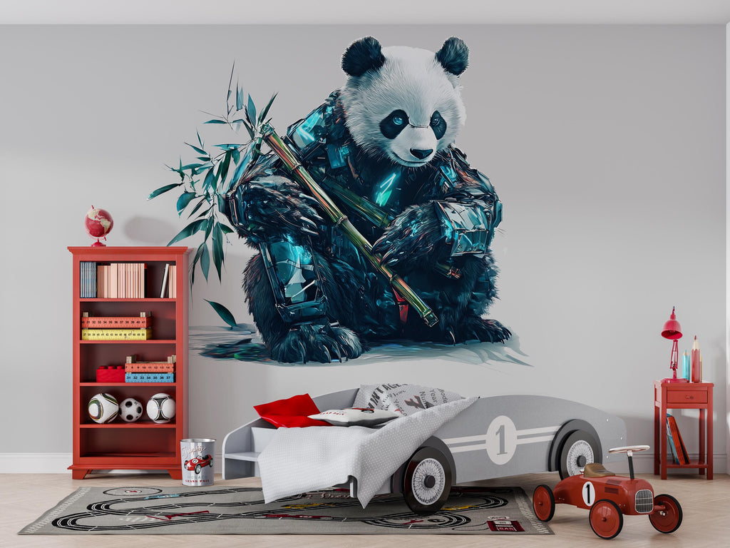 Cyber Panda Wall Decal With Bamboo, Futuristic Panda Wall Art Sticker, Cute Panda Nursery Decor, Kids Room Animal Wall Decal