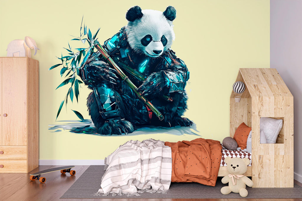 Cyber Panda Wall Decal With Bamboo, Futuristic Panda Wall Art Sticker, Cute Panda Nursery Decor, Kids Room Animal Wall Decal