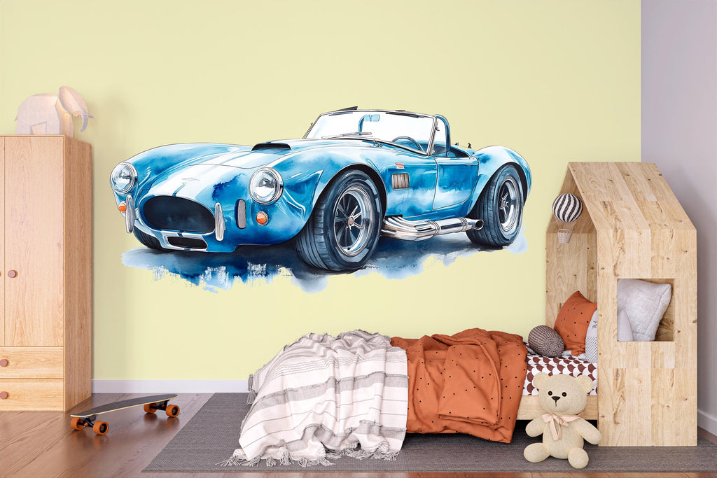 Blue Classic Car Wall Mural Watercolor Sports Car Kids Room Decor 275mv