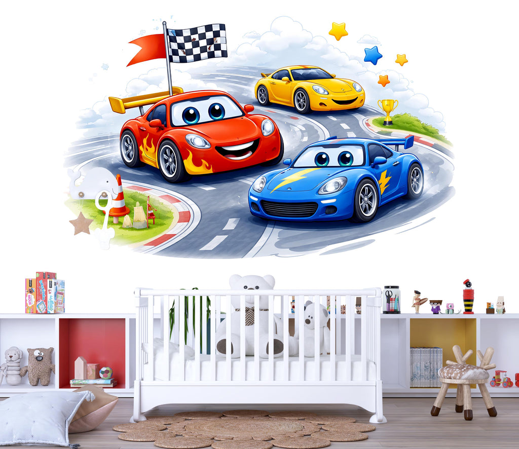 Cartoon Race Cars Wall Mural Kids Room Nursery Car Decor 277mv