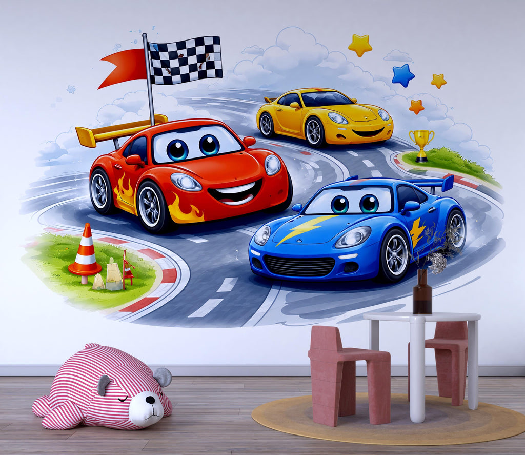 Cartoon Race Cars Wall Mural Kids Room Nursery Car Decor 277mv