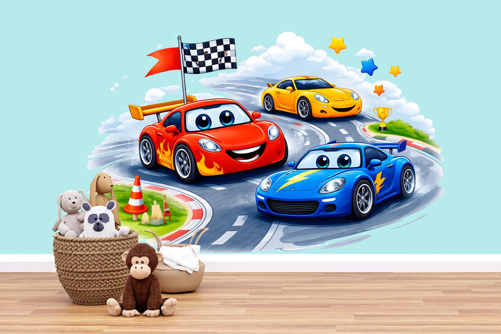 Cartoon Race Cars Wall Mural Kids Room Nursery Car Decor 277mv