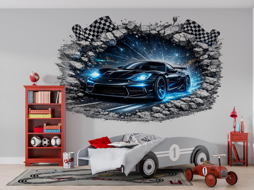 3D Black Supercar Wall Mural Kids Room Racing Car Decor 278mv