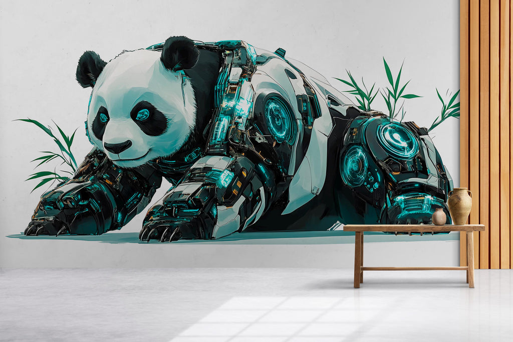 Cyber Panda Wall Decal Futuristic Panda Wall Art Sticker, Giant Panda Office Decor, Tech Animal Wall Decal, Modern Workspace Wall Art