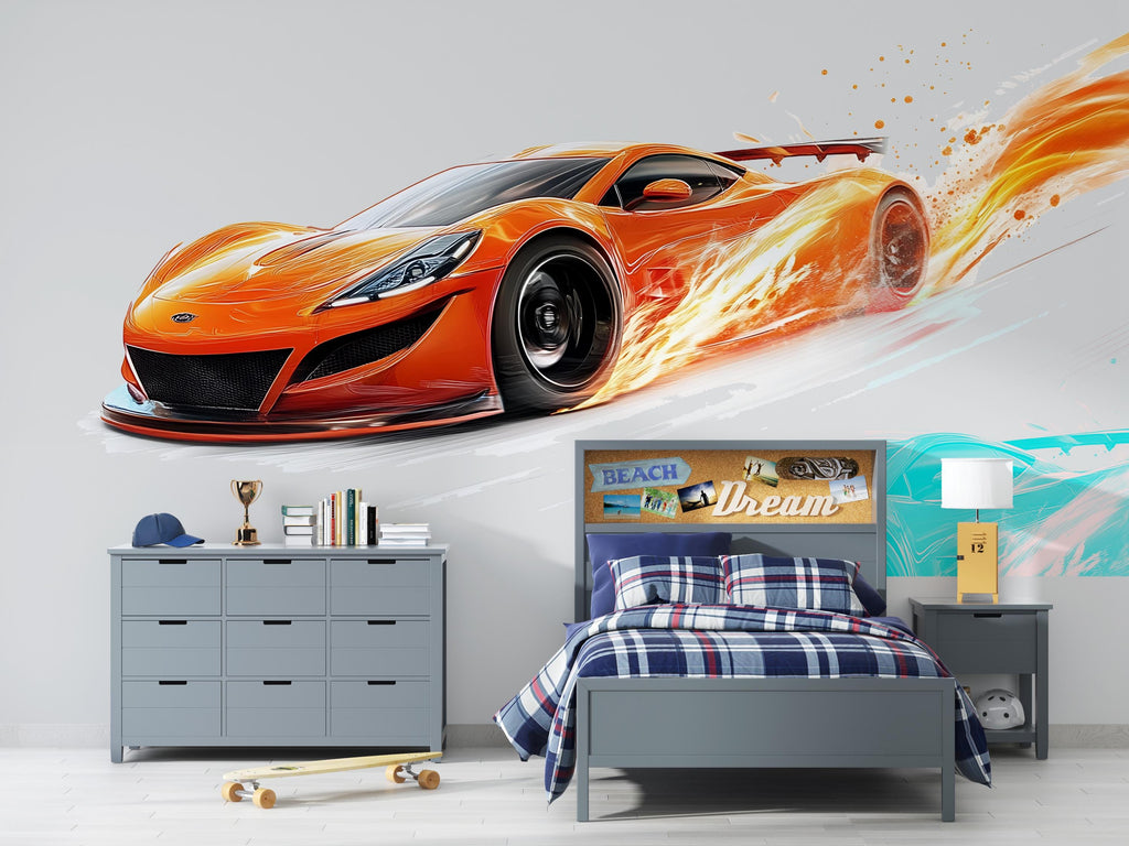 Orange Supercar Fire Wall Mural Racing Kids Room Decor 283mv