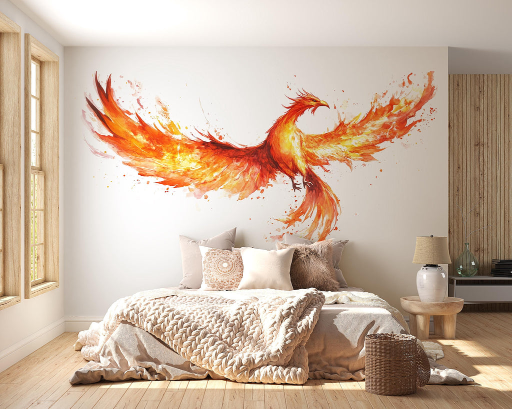 Phoenix Wall Decal – Fire Phoenix Wall Art, Mythical Bird Wall Sticker, Fantasy Living Room & Bedroom Decor 307mv