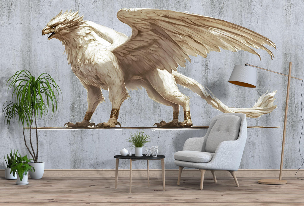 White Griffin Wall Decal – Mythical Griffin Wall Art, Fantasy Creature Wall Sticker, Living Room & Bedroom Decor 309mv
