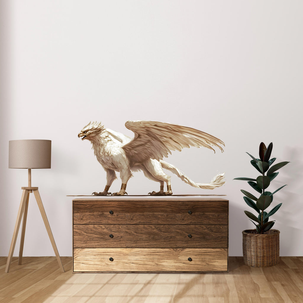 White Griffin Wall Decal – Mythical Griffin Wall Art, Fantasy Creature Wall Sticker, Living Room & Bedroom Decor 309mv
