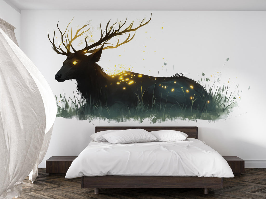 Glowing Stag Wall Decal – Mystical Deer Wall Art, Fantasy Nature Wall Sticker, Bedroom Statement Decor 316mv