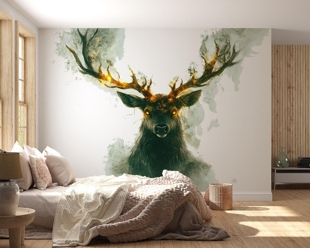 Mystical Stag Wall Decal – Glowing Forest Deer Wall Art, Fantasy Woodland Bedroom Wall Sticker 319mv