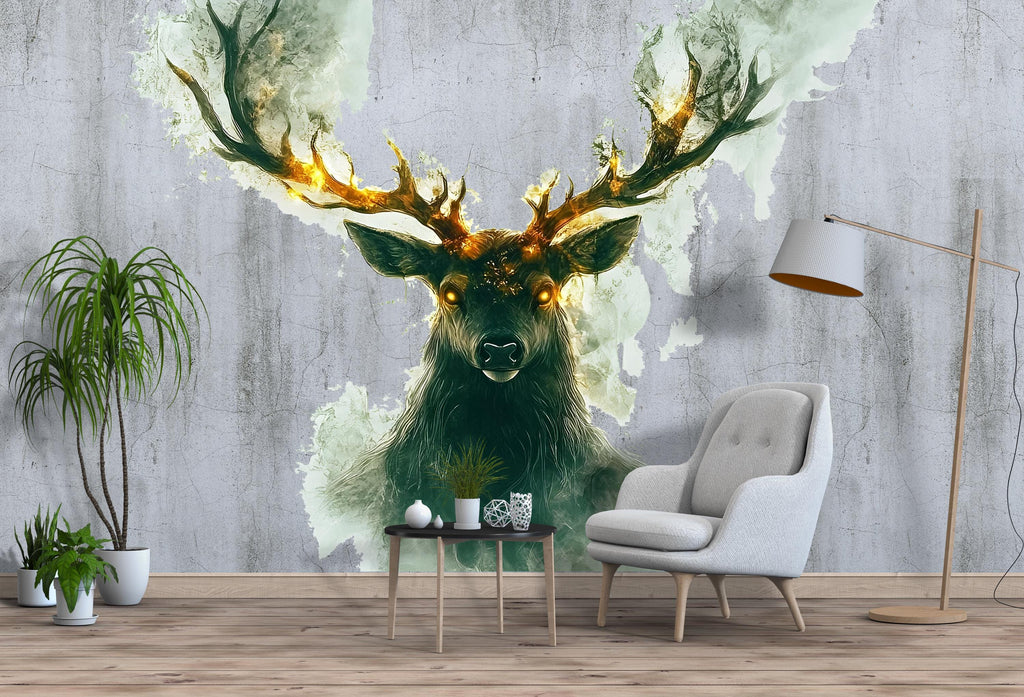 Mystical Stag Wall Decal – Glowing Forest Deer Wall Art, Fantasy Woodland Bedroom Wall Sticker 319mv