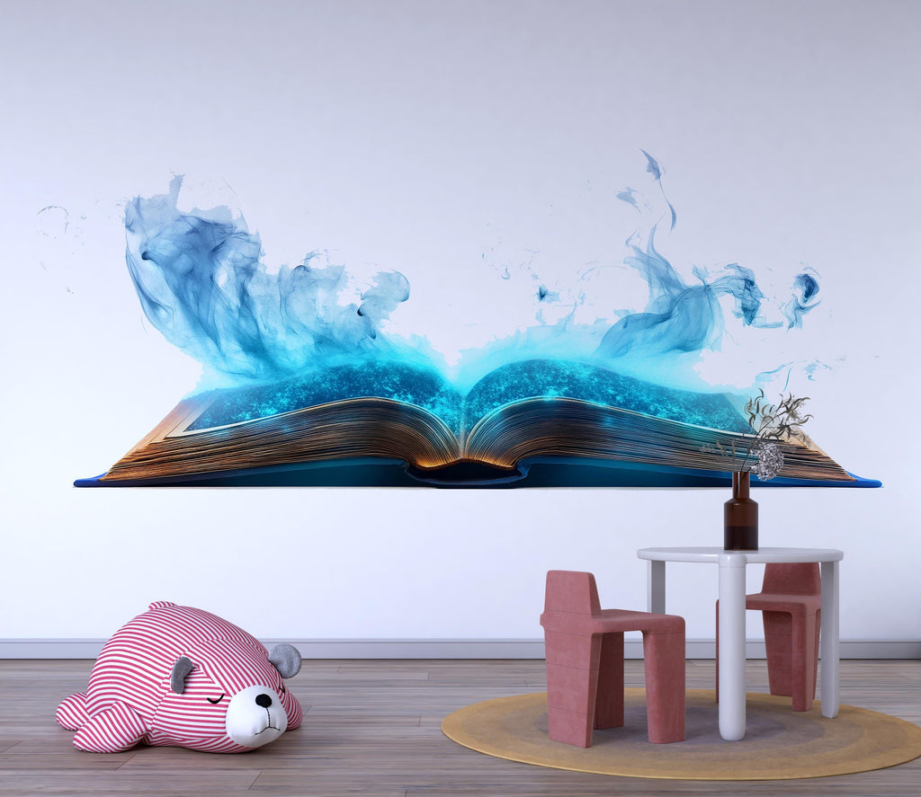 Magic Book Wall Decal – Blue Glowing Open Book Wall Art, Fantasy Reading Nursery Decor 321mv