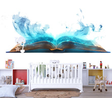 Load image into Gallery viewer, Magic Book Wall Decal – Blue Glowing Open Book Wall Art, Fantasy Reading Nursery Decor 321mv
