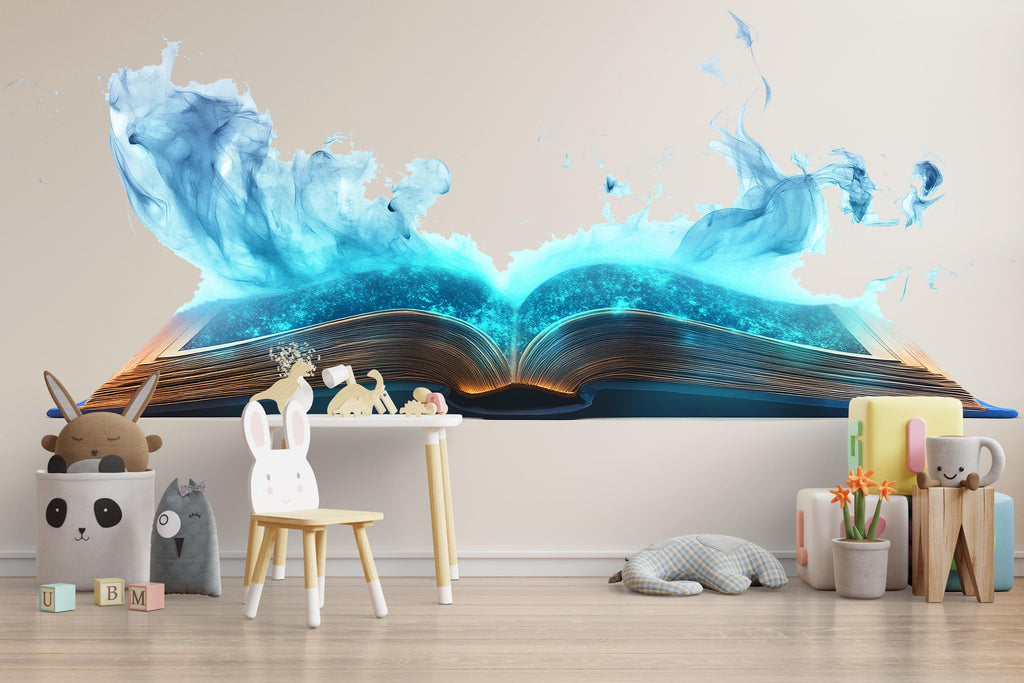 Magic Book Wall Decal – Blue Glowing Open Book Wall Art, Fantasy Reading Nursery Decor 321mv