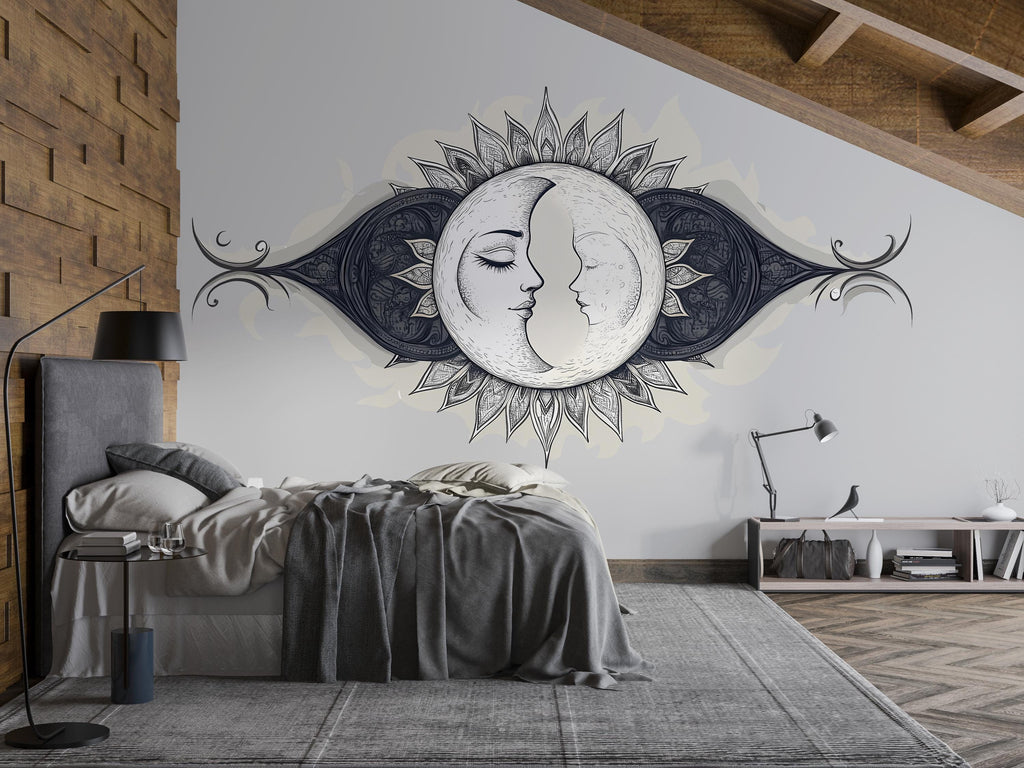 Sun Moon Wall Mural Celestial Yin Yang Art Boho Bedroom Decor 336mv