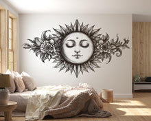 Load image into Gallery viewer, Moon Face Wall Mural Celestial Floral Line Art Boho Bedroom Decor 338mv