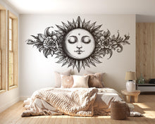 Load image into Gallery viewer, Moon Face Wall Mural Celestial Floral Line Art Boho Bedroom Decor 338mv