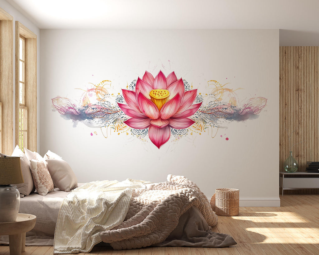 Pink Lotus Wall Mural Floral Boho Wallpaper Zen Bedroom Decor 342mv