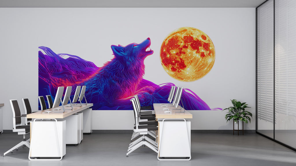 Neon Wolf Wall Art Howling Wolf Modern Digital Mural 367mv