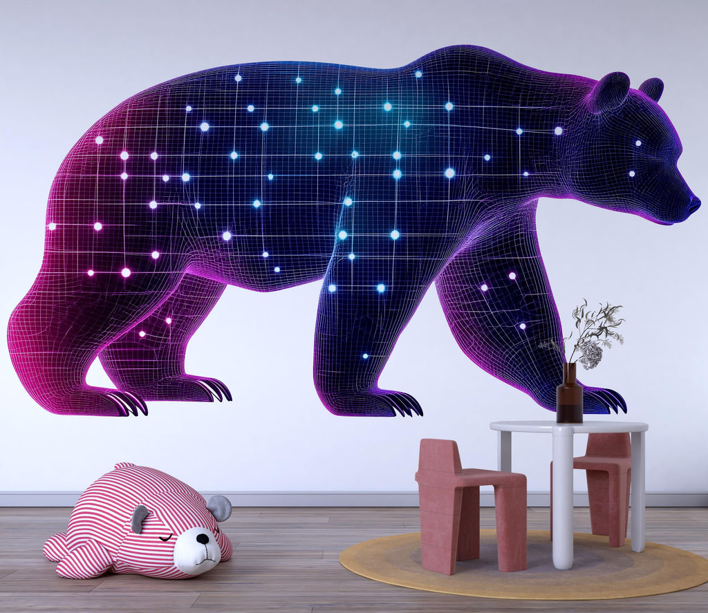 Neon Geometric Bear Wall Decal, Colorful Bear Wall Art, Modern Nursery Wall Sticker, Kids Room Animal Decor, Playroom Wall Decal
