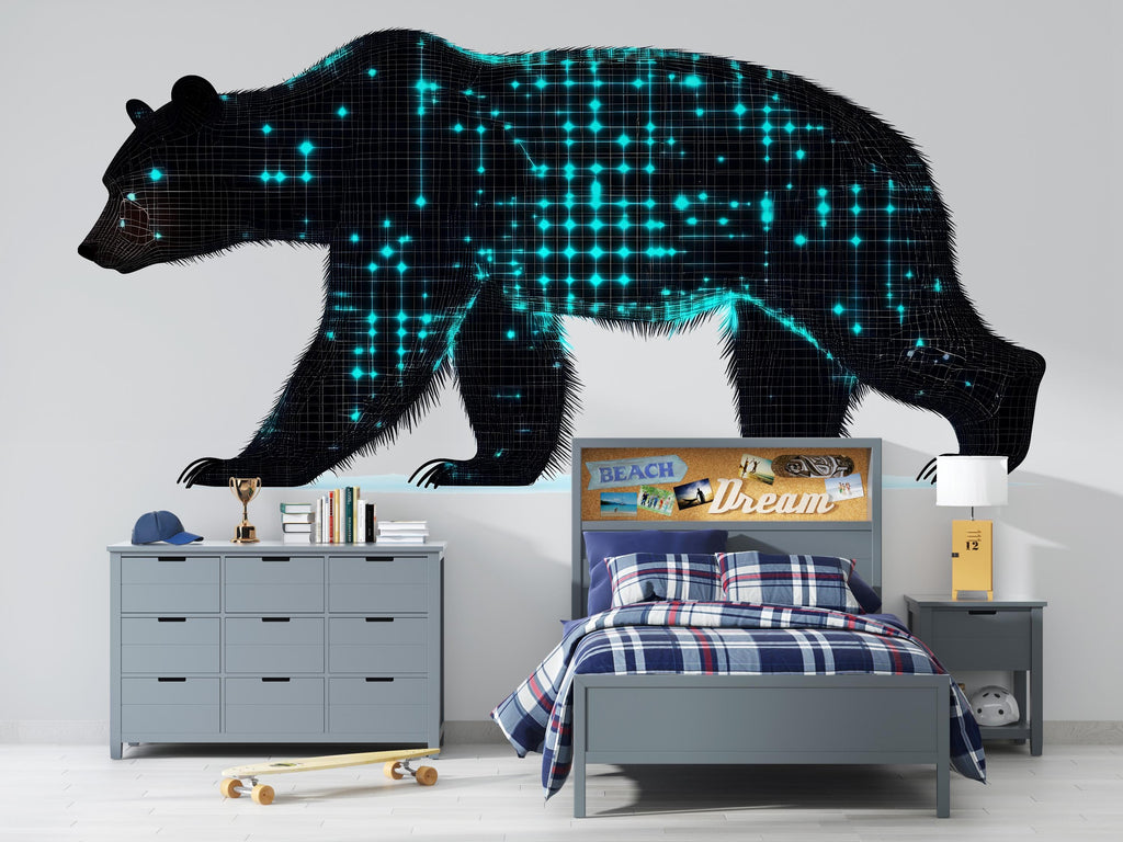 Futuristic Bear Wall Decal, Neon Grid Bear Wall Art, Modern Kids Room Wall Sticker, Animal Nursery Wall Decor, Cool Bear Wall Decal