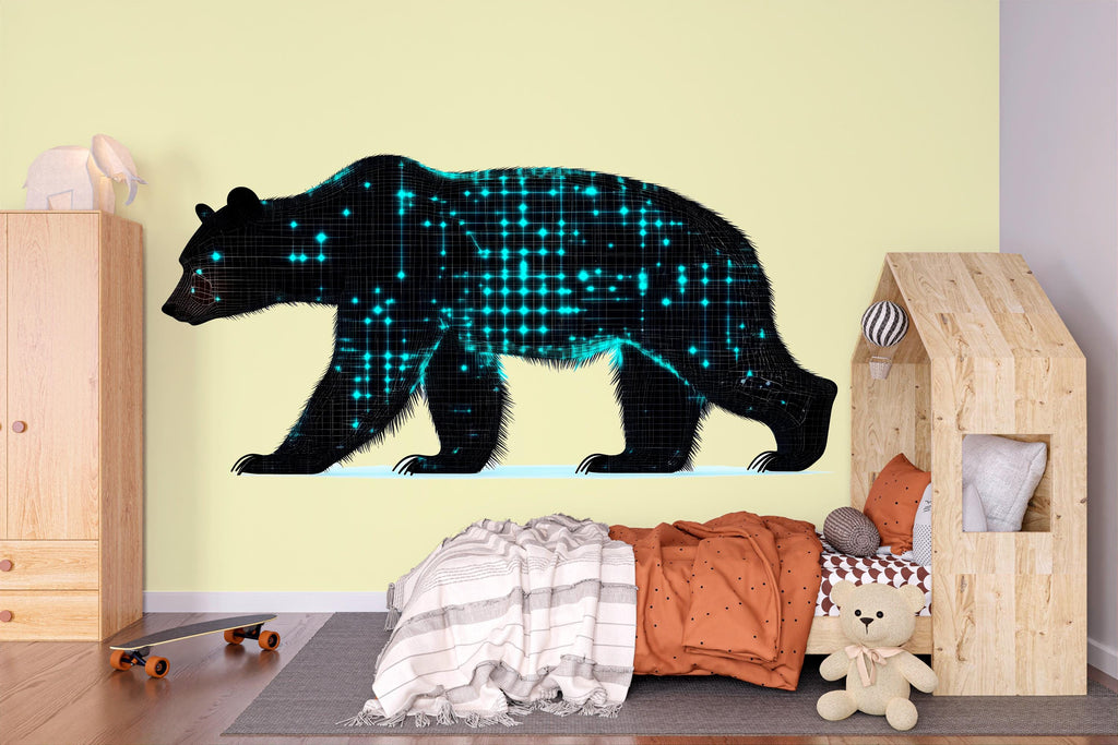 Futuristic Bear Wall Decal, Neon Grid Bear Wall Art, Modern Kids Room Wall Sticker, Animal Nursery Wall Decor, Cool Bear Wall Decal
