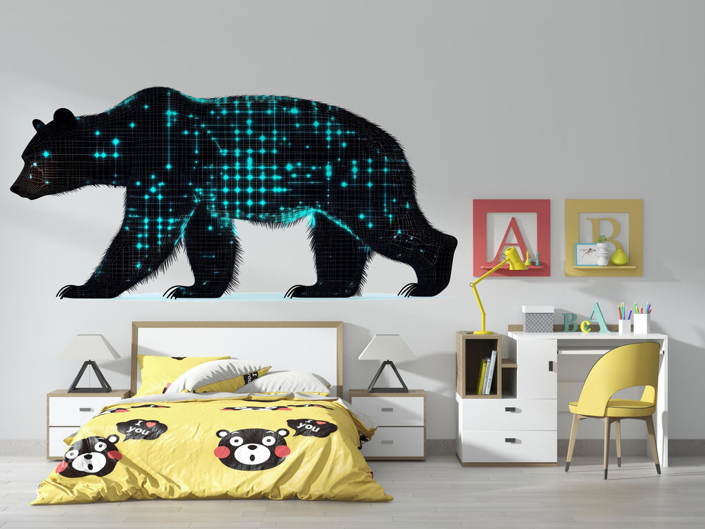 Futuristic Bear Wall Decal, Neon Grid Bear Wall Art, Modern Kids Room Wall Sticker, Animal Nursery Wall Decor, Cool Bear Wall Decal