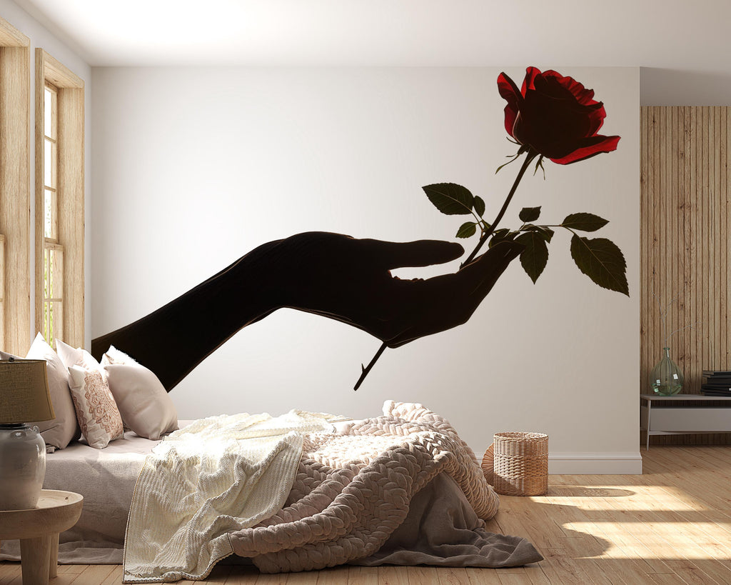 Black Hand Red Rose Wall Decal, Dark Romantic Wall Art Sticker, Gothic Floral Wall Decor, Surreal Rose Wall Decal, Peel And Stick Art