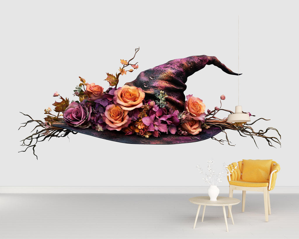 Floral Witch Hat Wall Decal, Enchanted Rose Wall Sticker, Gothic Cottagecore Wall Art, Fantasy Floral Wall Decal, Peel And Stick Decor