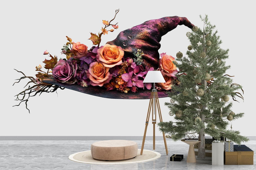 Floral Witch Hat Wall Decal, Enchanted Rose Wall Sticker, Gothic Cottagecore Wall Art, Fantasy Floral Wall Decal, Peel And Stick Decor