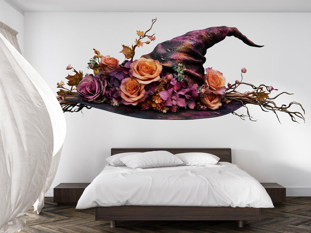 Floral Witch Hat Wall Decal, Enchanted Rose Wall Sticker, Gothic Cottagecore Wall Art, Fantasy Floral Wall Decal, Peel And Stick Decor