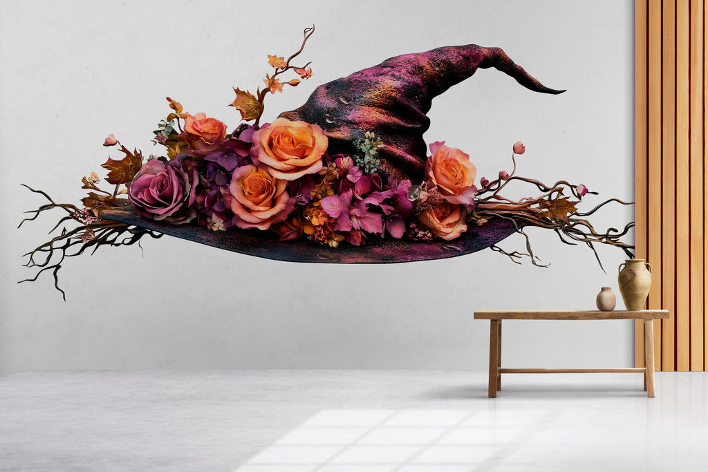 Floral Witch Hat Wall Decal, Enchanted Rose Wall Sticker, Gothic Cottagecore Wall Art, Fantasy Floral Wall Decal, Peel And Stick Decor