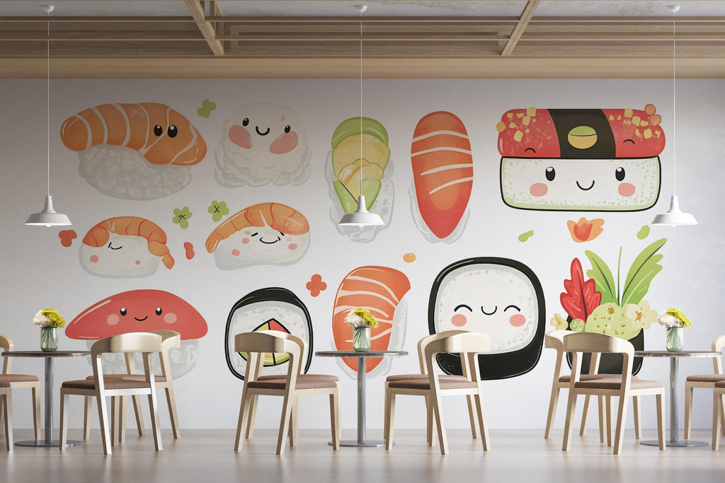 Cute Sushi Wall Decal, Kawaii Food Wall Art, Sushi Restaurant Wall Sticker, Japanese Food Wall Decor, Cafe Kitchen Wall Decal